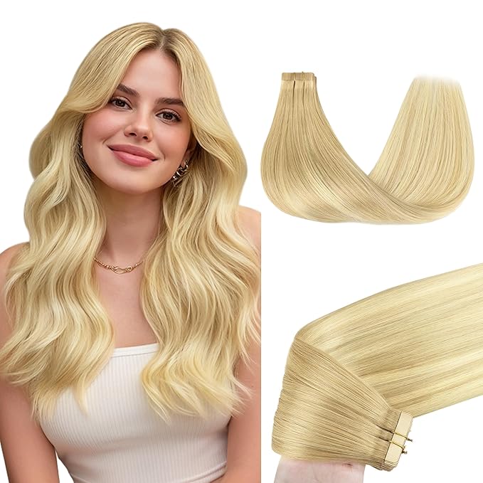GOO GOO Tape in Hair Extensions Human Hair, 18AT60A Pearl Ash Blonde Highlights, 10inch 30g 20pcs, Skin Weft Seamless Invisible, Silky Straight with Thick Ends, Remy Human Hair