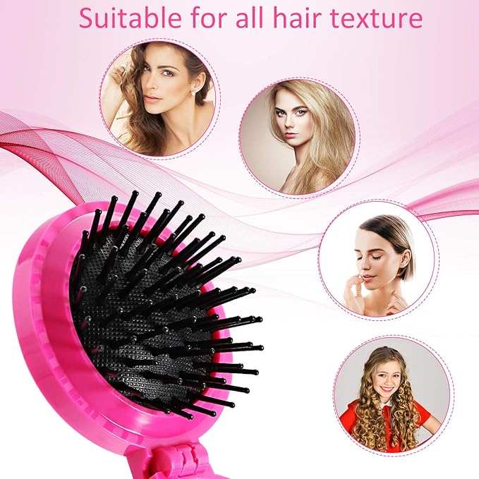 Boao 2 Pack Foldable Travel Mirror Hair Brushes Round Portable Folding Pocket Hair Brush Mini Comb Compact Travel Size Massage Comb for Men Women (Purple, Rose Red)