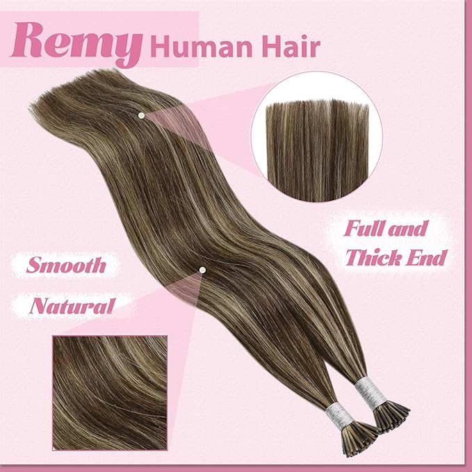 YoungSee Itip Hair Extensions Real Human Hair Brown I Tips Hair Extensions for Women Highlight Dark Brown and Blonde Tip Hair Extension Real Human Hair Long 24In 50g 50s