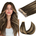 GOO GOO Tape in Hair Extensions Human Hair, 4/27/4 Balayage Chocolate Brown to Caramel Blonde, 22inch 100g 40pcs, Skin Weft Seamless Invisible, Silky Straight with Thick Ends, Remy Human Hair