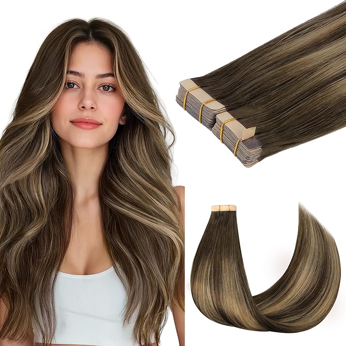 GOO GOO Tape in Hair Extensions Human Hair, 4/27/4 Balayage Chocolate Brown to Caramel Blonde, 22inch 100g 40pcs, Skin Weft Seamless Invisible, Silky Straight with Thick Ends, Remy Human Hair