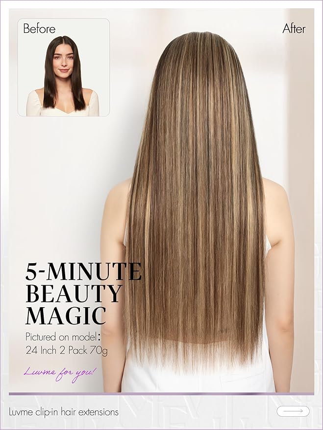 LUVME Clip in Hair Extensions, Straight Seamless 24 Inch 70g 4Pcs Chestnut Brown, 100% Real Remy Human Hair, Soft Natural Full Max Invisible Comfortable Hair Extensions for Women