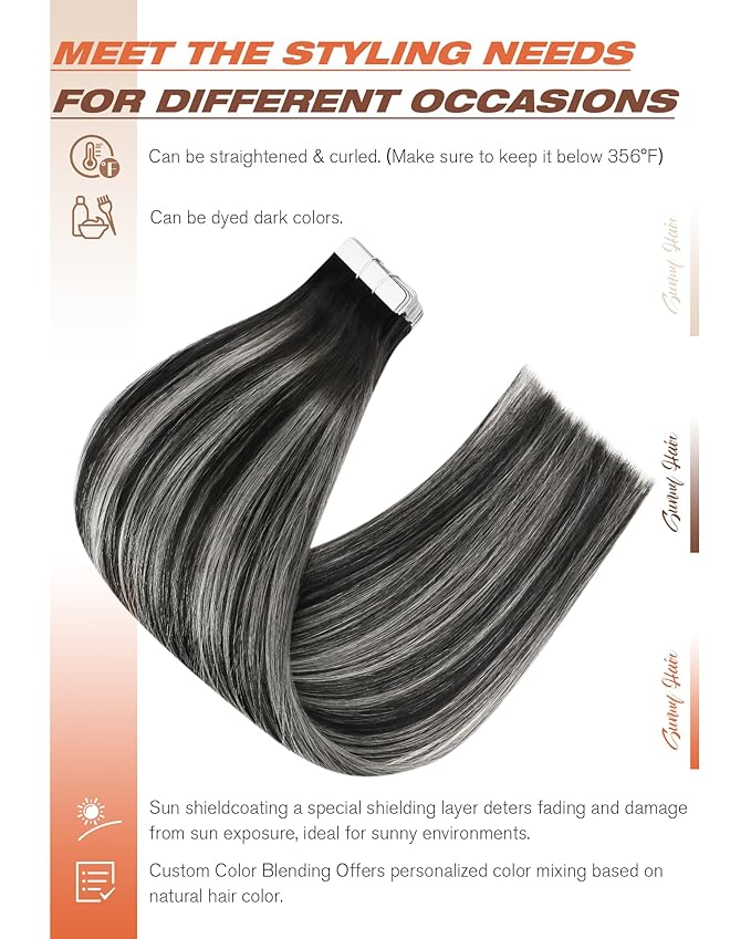Sunny Hair Tape in Hair Extensions Real Human Hair Invisible Remy Hair Extensions Tape ins for Women Natural Black Roots to Silver Grey Balayage 14 inch 20Pcs 50G