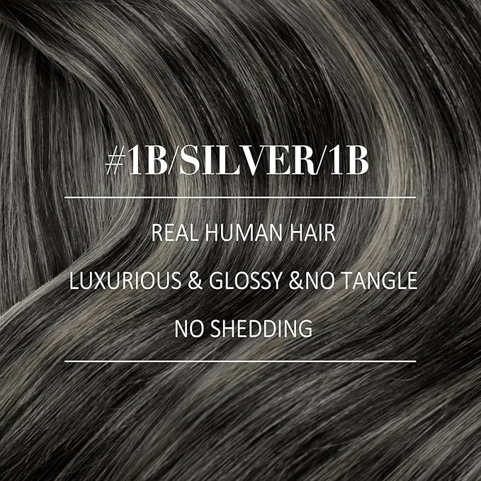 YoungSee 125G Black Hair Extensions Weft Balayage Natural Black Mix Silver Grey Weft Hair Extensions Human Hair Ombre Sew in Extensions for Long Hair 22In