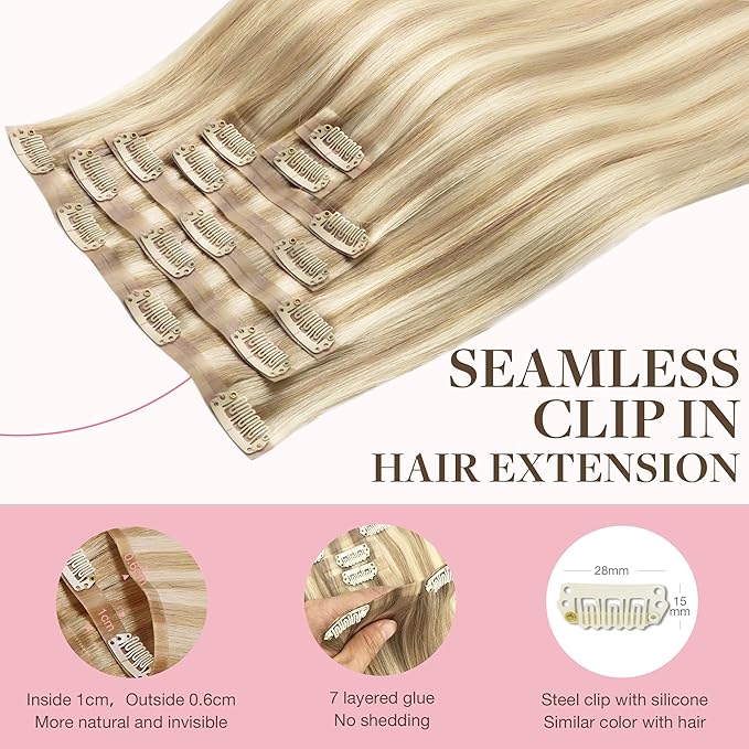 GOO GOO Clip in Hair Extensions Real Human Hair, Remy Human Hair Extensions Clip ins for Women, Natural Human Hair, 24inch 120g 7Pcs, 18A/613A Dark Blonde Highlighted Bleach Blonde