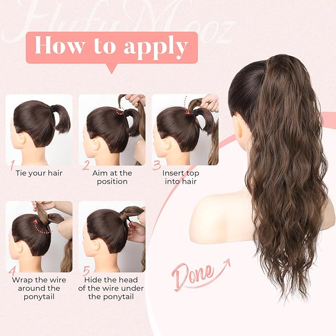 Flufymooz Ponytail Extension, Flexible Wrap Around Ponytail Extension Long Wavy Curly Ponytail Hair Extensions Natural pony tail Synthetic Hairpiece for Women 26 Inch (Natural Black)