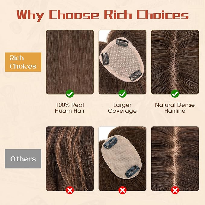 Rich Choices Human Hair Toppers for Women-100% Real Remy Hair Topper No Bang-Upgraded 150% Density 9 * 12CM Lace Base-Clip in Hairs Topper for Thinning Hairs-14Inch #2R Chocolate Brown