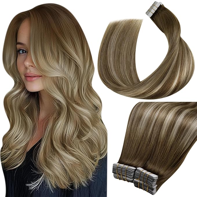 LaaVoo Human Hair Tape in Extensions Brown Balayage Tape in Hair Extensions Human Hair Balayage Brown to Light Brown Mixed Blonde 16 Inch 40pcs 100g