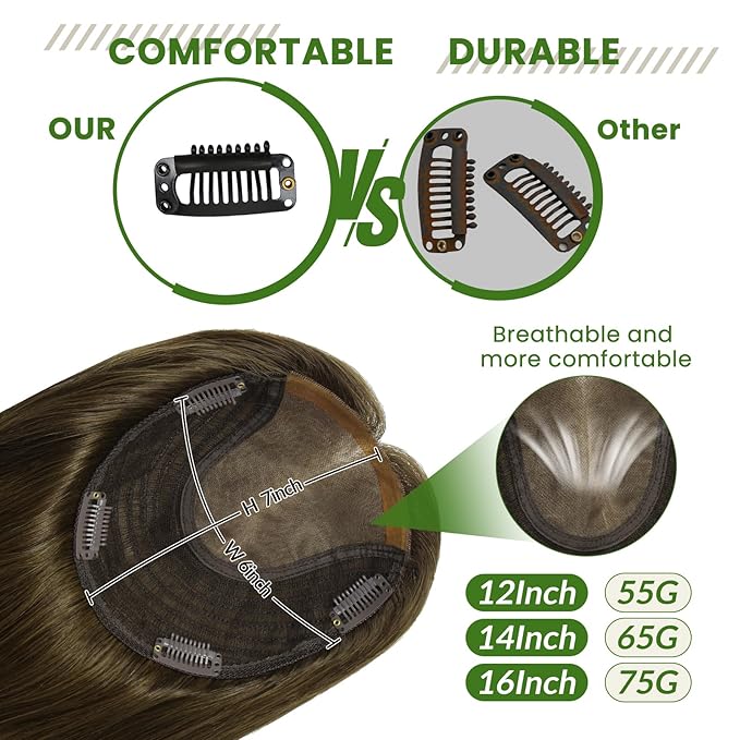 HAIR Toppers for Women Real Human Hair 6x7 inch 150 Density Base 12 inch 55grams medium dark brown Topper for Women with Thinning Hair(#4 12inch)
