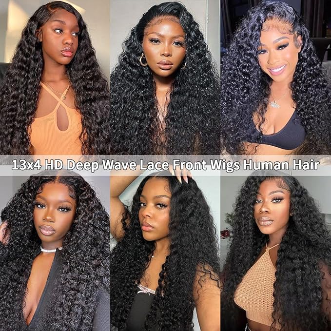 36 Inch HD Lace Front Wigs Human Hair 200% Density 13x4 Deep Wave Lace Front Wigs Human Hair Curly Wigs for Women Glueless Deep Wave Frontal Wigs with Baby Hair Pre Plucked Deep Wave Wig