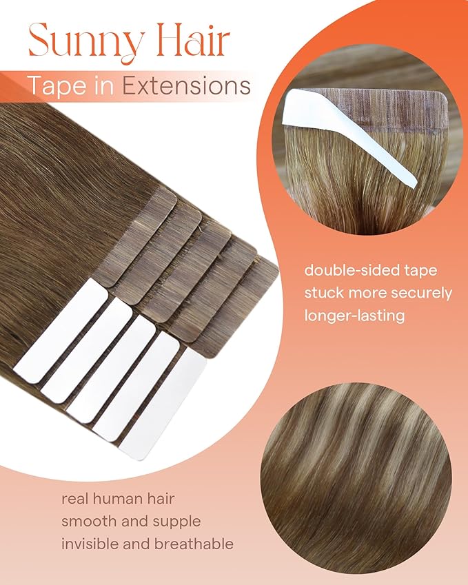 Sunny Hair Tape in Hair Extensions Real Human Hair Invisible Remy Hair Extensions Tape ins for Women Medium Brown Ombre PLatinum Blonde Balayage 16 inch 25G