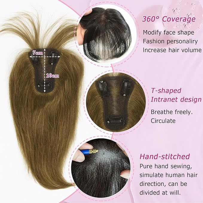 Hair Toppers for Women Real Human Hair Clip in Bangs 360° Cover Remy Human Hair Topper with Bangs for Thinning Realistic Scalp Upgrade Swiss Lace Base Hairpieces Cover Gray Hairy Roots Caramel Brown