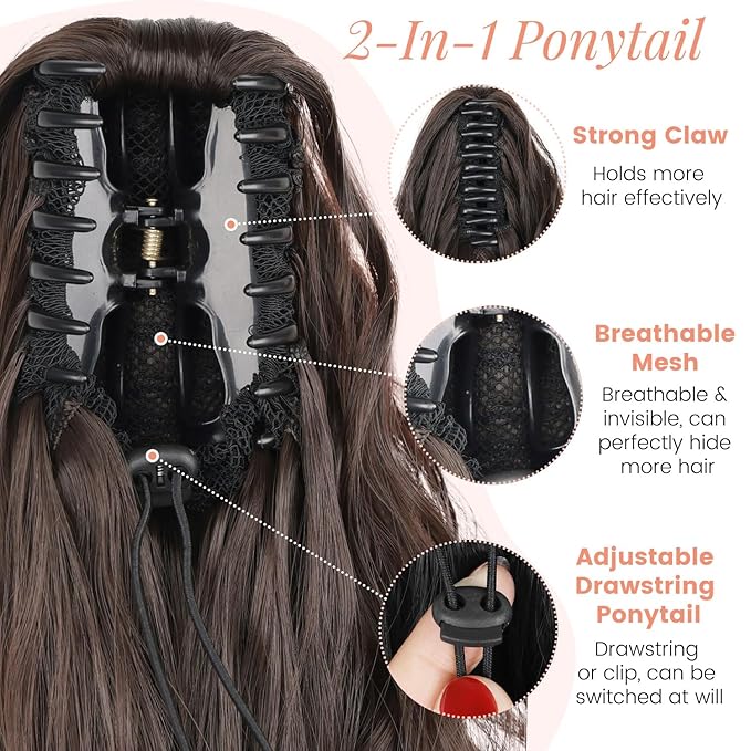 Claw Clip Ponytail Extension 18 Inch Curly Wavy Ponytail Extension Jaw Clip on Pony Tails Hairpiece for Women Fluffy Natural Synthetic for Daily Use (Dark Chocolate Brown)
