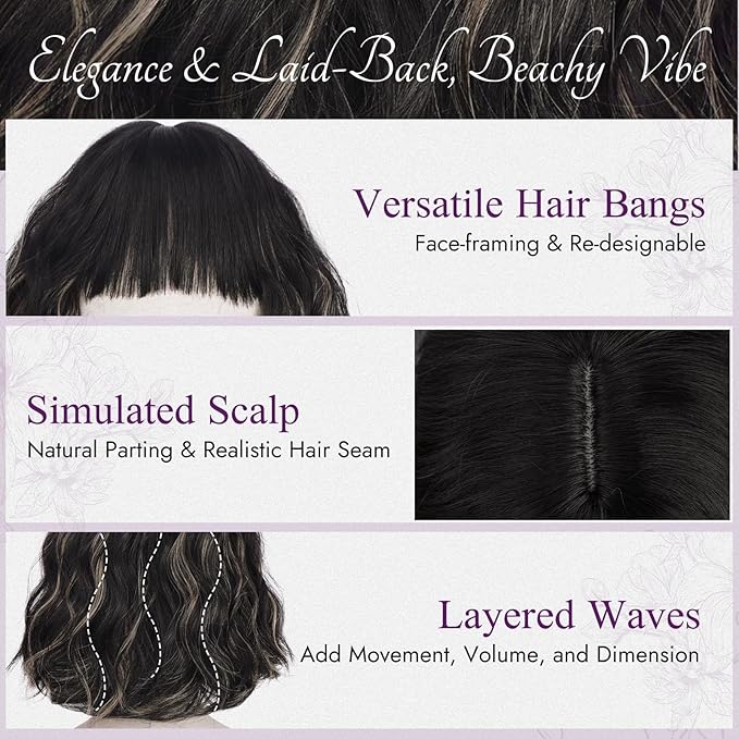 BARSDAR Black Blonde Short Wavy Wig with Bangs - Short Wavy Blonde Highlights Wigs for Women - Curly Textured French Bob Wig with Bangs Soft Synthetic Natural Looking Face-Framing Daily