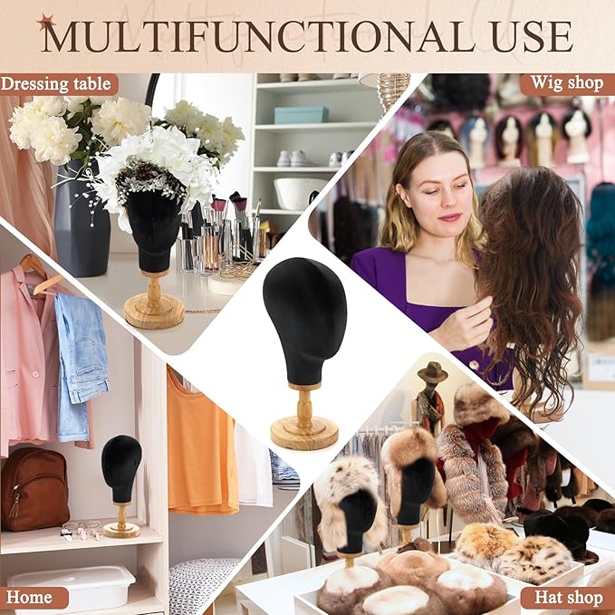 2 Pcs Wig Stand with Head 23 Inch Linen Mannequin Head with Wooden Stand Canvas Mannequin for Hats Wigs Caps Headdress Home Store Hair Salon(Black)