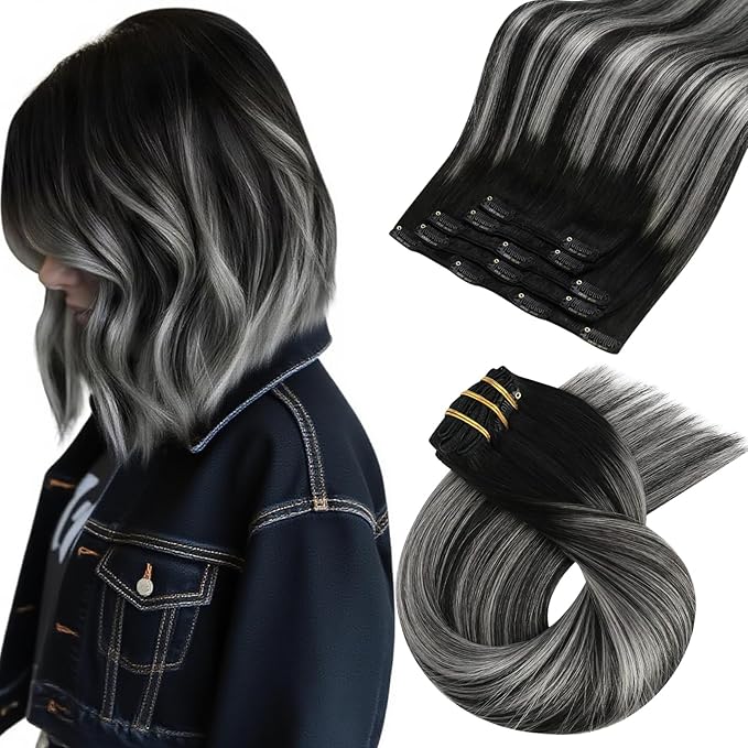 Moresoo Black And Grey Clip in Hair Extensions Ombre Natural Black to Silver Grey Hair Extensions Real Human Hair Clip ins Short Remy Straight 80g/5pcs 10 inch