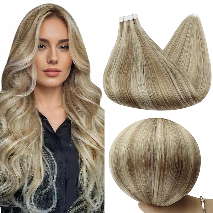 Full Shine Invisible Tape in Hair Extensions Human Hair Color 16 Golden Blonde Highlight 22 Medium Blonde 16 Inch Remy Tape in Hair Extensions Straight Tape in Extensions 50 Gram 20 Pcs