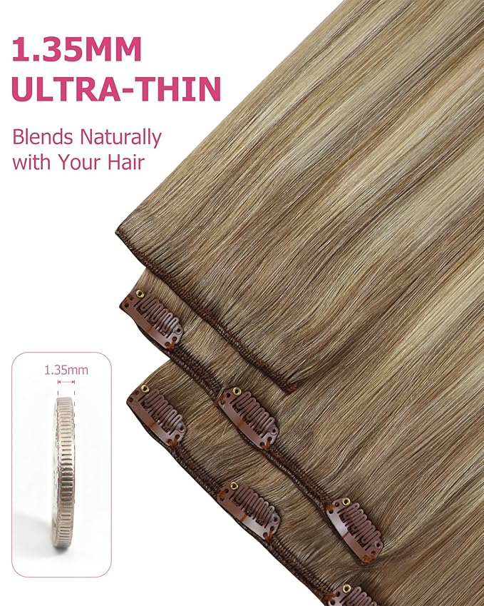 YoungSee Balayage Clip in Human Hair Extensions Light Brown Real Hair Extensions Clip in Human Hair Ombre Light Brown Mix Blonde Balayage Easy to Wear Clip ins Extensions for Women 120G 16In 7Pcs
