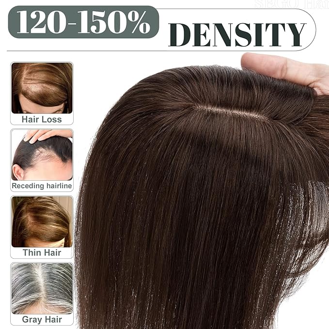 SEGO Hair Toppers for Women Real Human Hair with Front Bangs, Clip in Toppers with Thinning Hair Straight 150% Density Silk Base -6 Inch #2 Dark Brown
