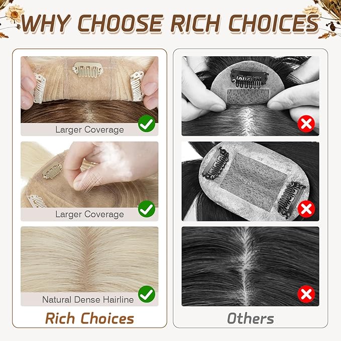 Rich Choices Hair Toppers for Women Real Human Hair 100% Human Remy Toppers NO Bangs for Women with Thinning on Top Clip in Hairpiece 4"x4.7"Lace Base 12 Inch #60 Platinum Blonde