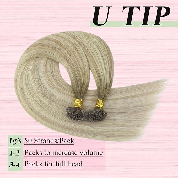YoungSee Balayage U Tip Hair Extensions Human Hair Balayage Blonde Ombre Platinum Blonde U Tips Remy Hair Extensions 16In 1G/S 50G