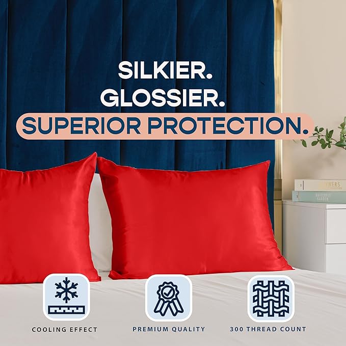 BLISSFORD Satin Pillowcase with Zipper, for Hair and Skin Care, Feels Soft and Cool Like a Silk Pillowcase, Red Satin Pillow Cases Set of 2, Slik Pillow Cover, King Size - 2 Pack