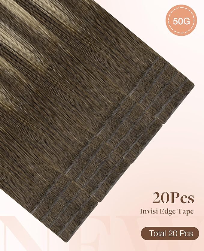 GOO GOO Invisi Edge Tape in Hair Extensions Human Hair, 4/26/4 Balayage Chocolate Brown to Honey Blonde, 20pcs 22inch 50g, Virgin Remy Hair, Seamless Injected Tape, Natural Look
