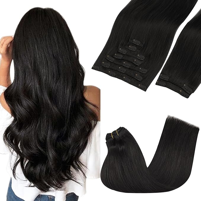 GOO GOO Clip in Hair Extensions Real Human Hair, Remy Human Hair Extensions Clip ins for Women, Natural Human Hair, 20inch 150g 9Pcs, 1B Natural black