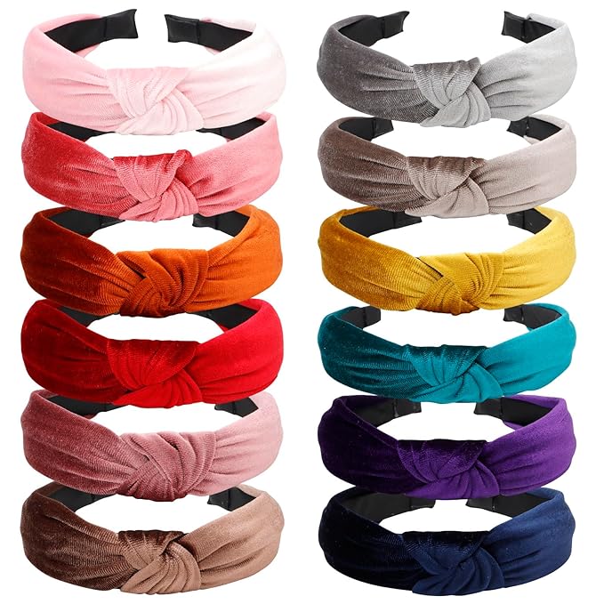 VELSCRUN Knotted Headbands - Pink, Red, Brown, Gray Velvet Wide Top Knot Hair Accessories for Women and Girls