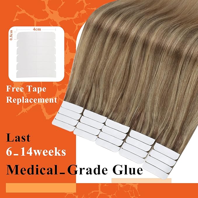 Full Shine Tape in Hair Extensions Human Hair Gold Brown Highlighted Hair Extensions Tape in Color Brown Balayage 20Inch Double Sided Tape in Hair Extensions 20Pcs 50Grams for Women