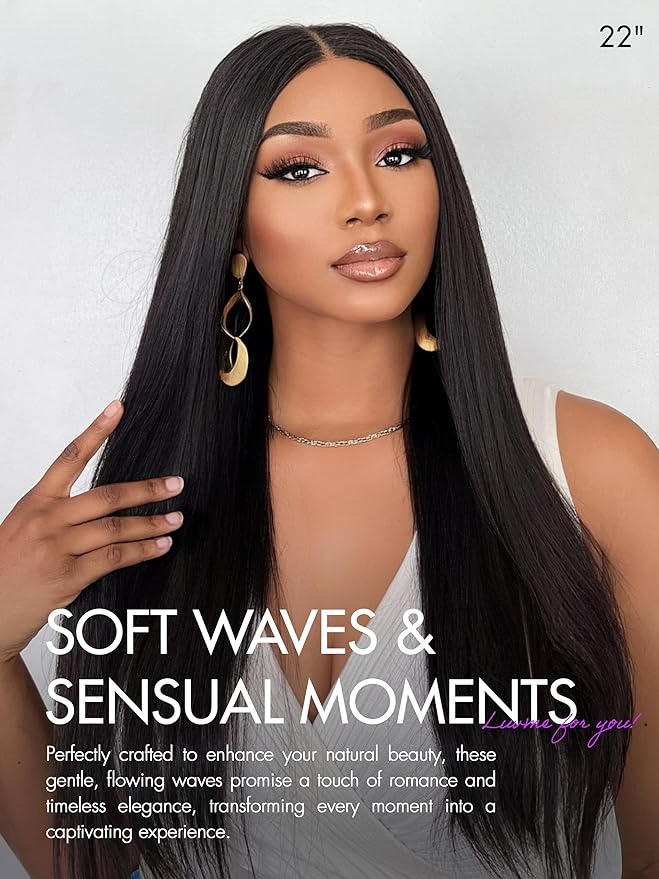 LUVME HAIR 22'' Straight Lace Front Wigs Human Hair 13x4 Pre Cut Lace Glueless Human Hair Wig Pre Plucked Long Straight Black Wig For Women 180 Density