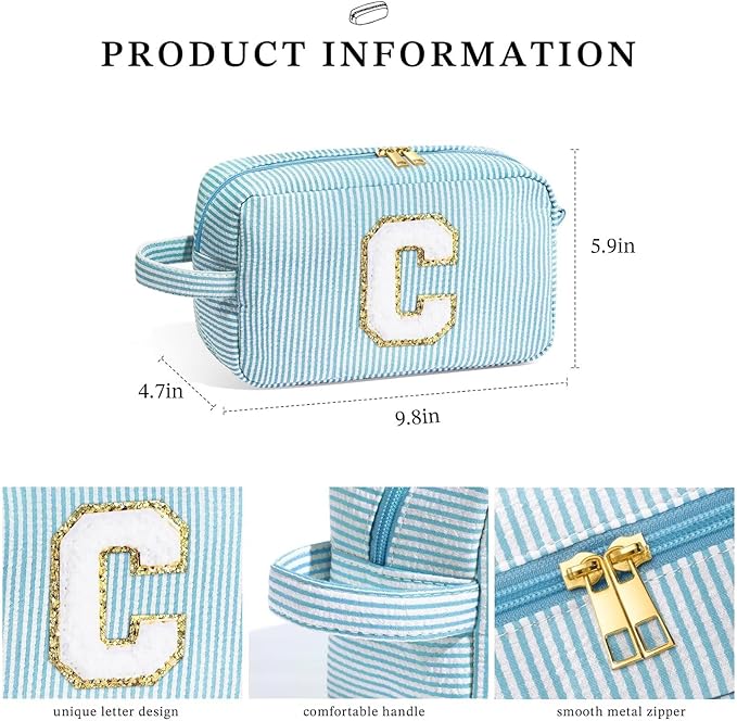 YooLife Monogram Initial Blue Cosmetic Bag - Personalized Makeup Toiletry Case for Women, Mom, Bridesmaid, Best Friend, Sister, Teacher Gifts