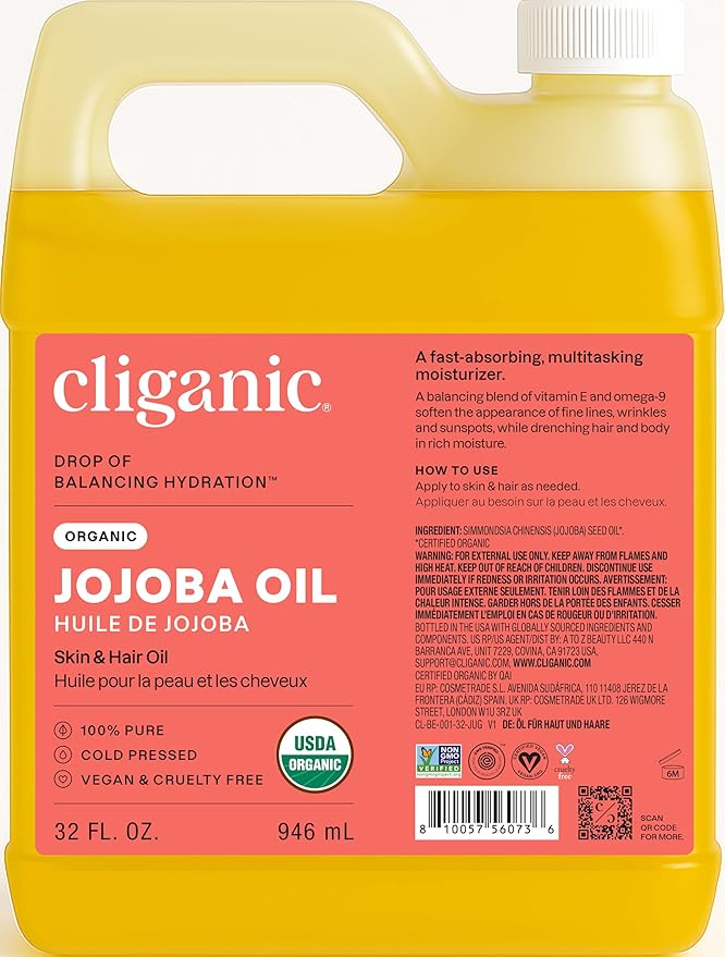Cliganic Organic Jojoba Oil Bulk 32oz, 100% Pure, Natural Cold Pressed Unrefined Hexane Free Oil for Hair & Face