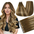 Full Shine Tape in Human Hair Extensions Color 4 Medium Brown Ombre 24 Blonde And 4 Injected Remy Tape in Extensions Cuticles Aligned Travel Friendly Styling Natural 24Inch 50G 20Pcs