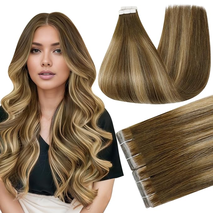 Full Shine Injection Tape in Hair Extensions Color 4/24/4 Bridal Hairstyles Lightweight Natural Straight Human Hair Tape in Extensions 20Inch 50G 20Pcs Seamless Invisible Extension