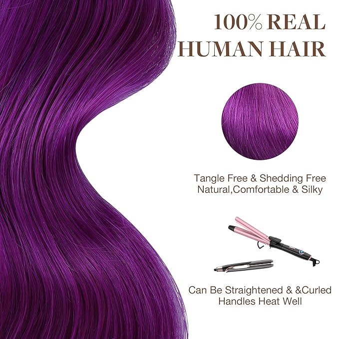 GOO GOO Tape in Hair Extensions Human Hair, Purple, 18inch 25g 10pcs, Colored Tape ins Human Hair Extensions, Silky&Soft Invisible Tape Ins, Hair Highlighted for Party