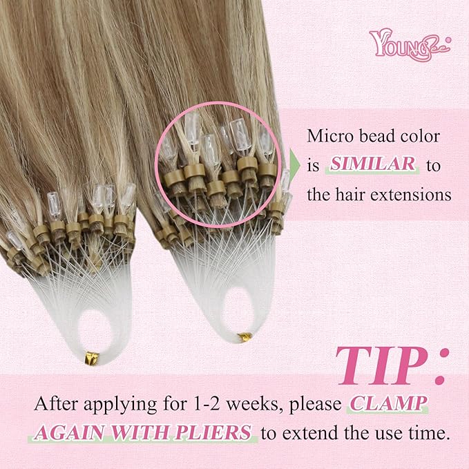 YoungSee Microlink Hair Extensions Brown Micro Bead Hair Extensions Real Human Hair Highlight Brown with Blonde Micro Ring Hair Extension Human Hair 20In Invisible Beaded Hair Extension 50s 50g