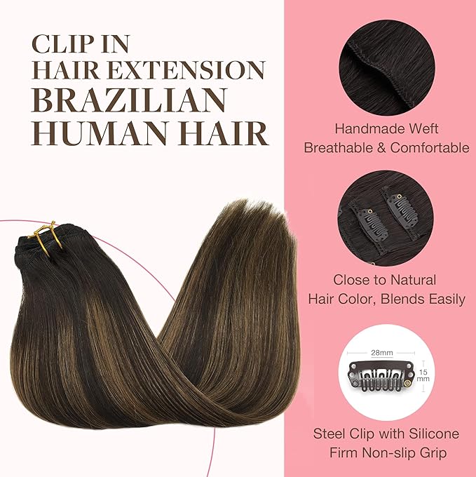 GOO GOO Clip in Hair Extensions Real Human Hair, Remy Human Hair Extensions Clip ins for Women, Natural Human Hair, 16inch 120g 7Pcs, 2/6/2 Balayage Dark Brown to Chestnut Brown