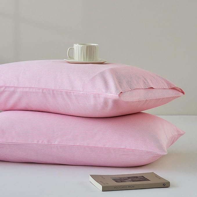 JELLYMONI 100% Natural Cotton Striped King Pillowcases Set, 2 Pack White and Thin Pink Striped Pattern Printed Pillow Covers with Envelope Closure(Pillows are not Included)