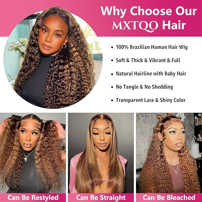 Honey Blonde Deep Wave Lace Front Wigs Human Hair 200 Density 13x6 HD Lace Front Wigs Ombre Human Hair Wig Glueless P4/27 Highlight Wig for Women Pre Plucked with Natural Hairline (22 Inch)