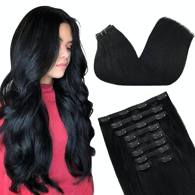 GOO GOO Clip in Hair Extensions Real Human Hair, Remy Human Hair Extensions Clip ins for Women, Natural Human Hair, 16inch 160g 9Pcs, #1 Jet Black