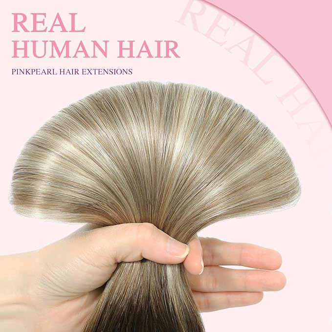 PINKPEARL Clip in Human Hair Extensions #3/8/22 Balayage Walnut Brown to Ash Brown and Golden Blonde Clip in Hair Extensions Real Human Hair 7pcs 120g 16inch Human Hair Extensios Clip ins(#3/8/22-16)