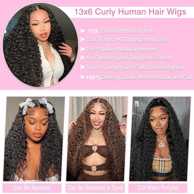 BVLBVL 36 Inch 13x6 Deep Wave Lace Front Wigs Human Hair Curly Human Hair Wig HD Lace Frontal Wig Pre Plucked 180 Density, Real Human Hair No Synthetic Blend No Tangle No Shedding Triple Lifespan 3X