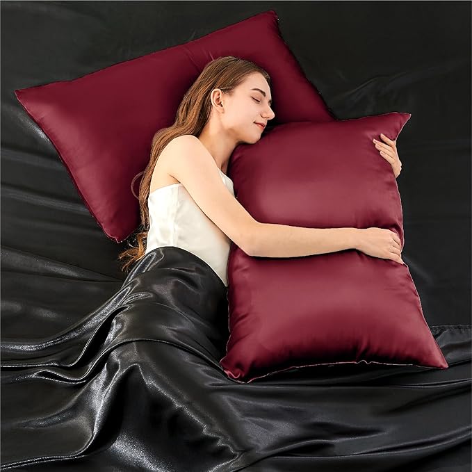 INFIIXSO Silk Pillow Cases 2 Pack Standard Size, Ultra Smooth & Soft Mulberry Silk Pillow Case for Hair and Skin, Breathable Cooling Silk Pillowcase with Hidden Zipper (Burgundy, 20x26 Inches)