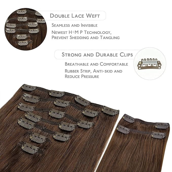 WENNALIFE Clip in Hair Extensions, 150g 22 Inch 9pcs Chocolate Brown Human Hair Extensions Thicker Clip in Hair Extensions Real Human Hair Clip Set Double Weft