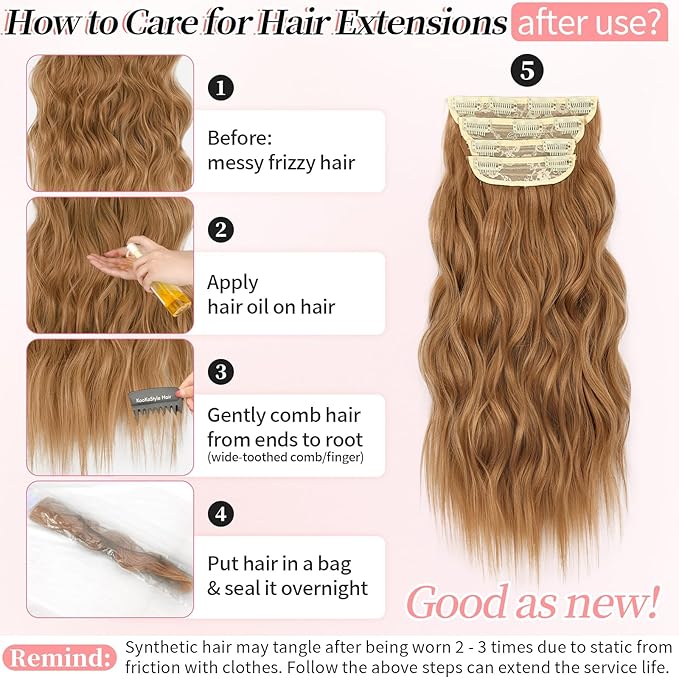 KooKaStyle Clip in Synthetic Hair Extensions Long Wavy 4PCS Thick Hairpieces Auburn Brown Fiber Double Weft Natural Hair Extensions 20 Inch for Women