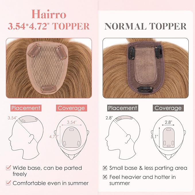 Hairro Human Hair Toppers with Wispy Bangs, 3.5x4.7" Hand-wovened Base for Women with Thinning Hair, Lightweight & Breathable Realistic Scalp, Clip-in Hairpieces for Easy Wear, 12 Inch Blondish Brown