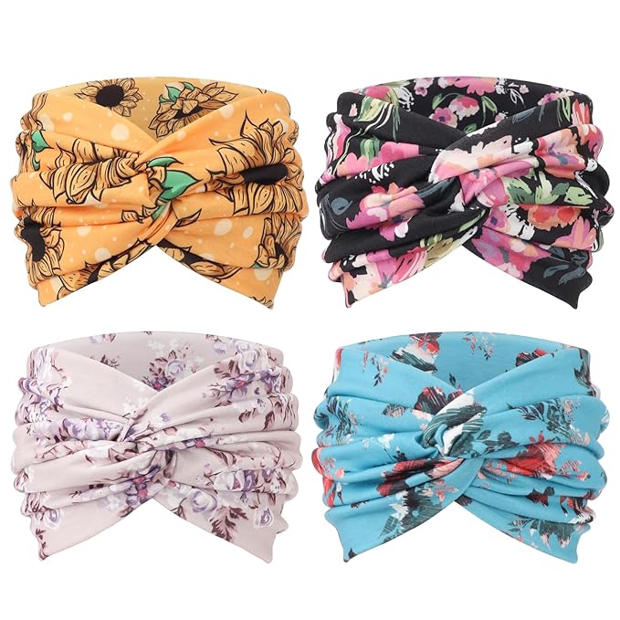 DRESHOW 4 Pack Turban Headbands for Women Wide Vintage Head Wraps Knotted Cute Hair Band Accessories