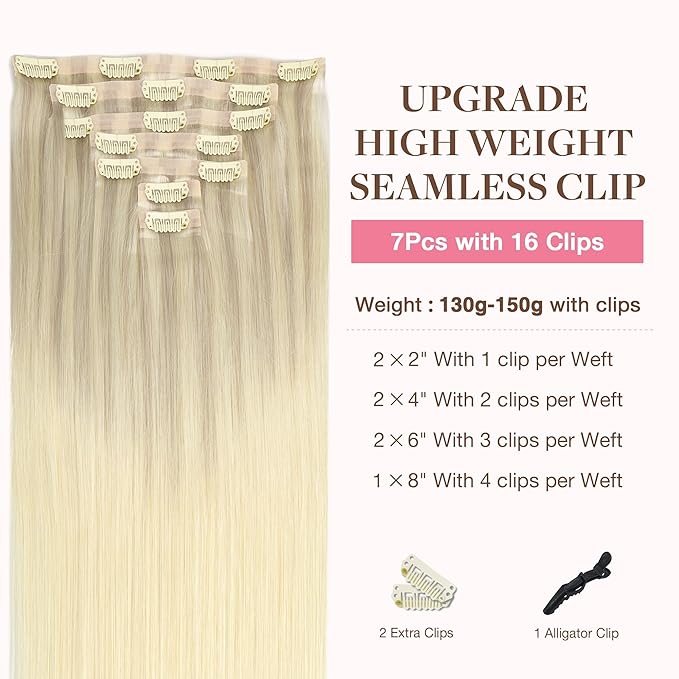 GOO GOO Clip in Hair Extensions Real Human Hair, Remy Human Hair Extensions Clip ins for Women, Natural Human Hair, 18inch 130g 7Pcs, Ash Blonde to Platinum Blonde Balayage