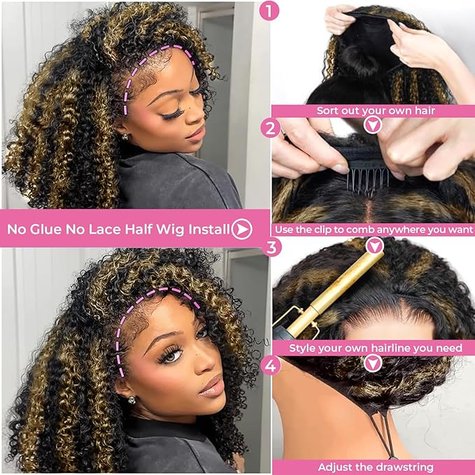 3 In 1 Half Wig Human Hair Afro Kinky Curly Wig Balayage Highlight Ombre Brown 250% Density Glueless Wigs Human Hair Comfortable Fit No Glue Needed Wear & Go Seamless Clip In Wigs 20 Inch